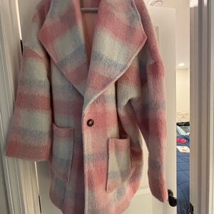 TALULAH Pastel Pink and Light Blue Plaid Pea Coat